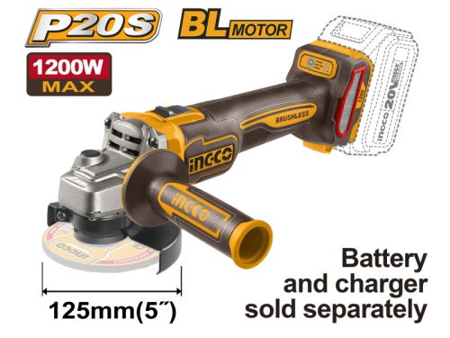 INGCO Akkus sarokcsiszoló 125 mm szénkefe nélküli 20 V (akku és töltő nélkül)
