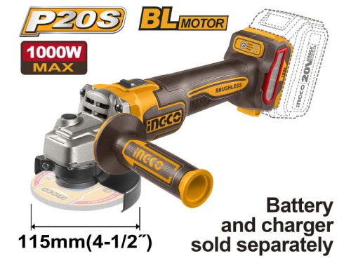 INGCO Akkus sarokcsiszoló 115 mm szénkefe nélküli 20 V (akku és töltő nélkül)