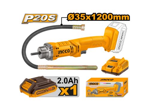 INGCO Akkus betontömörítő tűvibrátor 1,2 m 20 V (1 x 2,0 Ah akku + töltő)