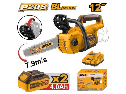 INGCO Akkus láncfűrész 300 mm szénkefe nélküli 20 V (2 x 4,0 Ah akku + töltő)