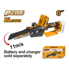   INGCO Akkus láncfűrész 150 mm szénkefe nélküli 20 V (akku és töltő nélkül)