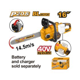   INGCO Akkus láncfűrész 400 mm szénkefe nélküli 2 x 20 V (akku és töltő nélkül)