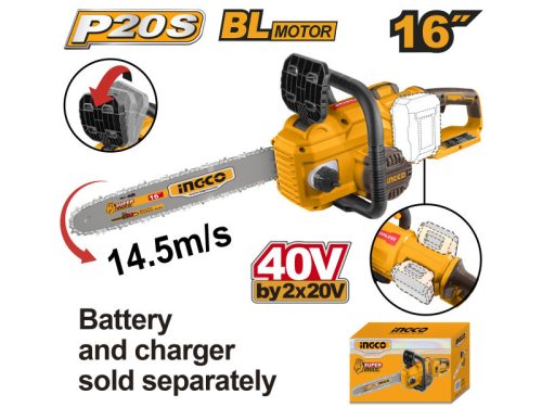 INGCO Akkus láncfűrész 400 mm szénkefe nélküli 2 x 20 V (akku és töltő nélkül)