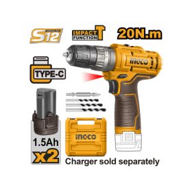   INGCO Akkus ütvefúró-csavarozó 20 Nm 12 V (2 x 1,5 Ah akku, töltő kábel nélkül)