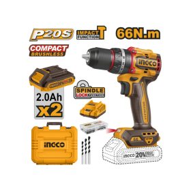   INGCO Akkus ütvefúró-csavarozó 66 Nm szénkefe nélküli 20 V (2 x 2,0 Ah akku + töltő)