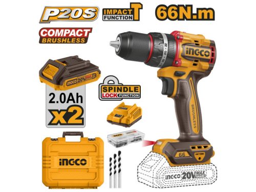 INGCO Akkus ütvefúró-csavarozó 66 Nm szénkefe nélküli 20 V (2 x 2,0 Ah akku + töltő)