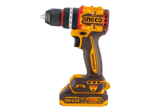 INGCO Akkus ütvefúró-csavarozó 66 Nm szénkefe nélküli 20 V (2 x 2,0 Ah akku + töltő)