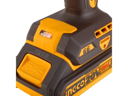 INGCO Akkus ütvefúró-csavarozó 66 Nm szénkefe nélküli 20 V (2 x 2,0 Ah akku + töltő)