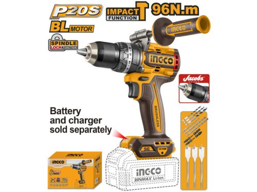 INGCO Akkus ütvefúró-csavarozó 96 Nm szénkefe nélküli 20 V (akku és töltő nélkül)