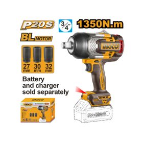   INGCO Akkus ütvecsavarozó 3/4" 1350 Nm szénkefe nélküli 20 V (akku és töltő nélkül)
