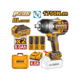   INGCO Akkus ütvecsavarozó 3/4" 1750 Nm szénkefe nélküli 20 V (2 x 8,0 Ah akku + töltő)