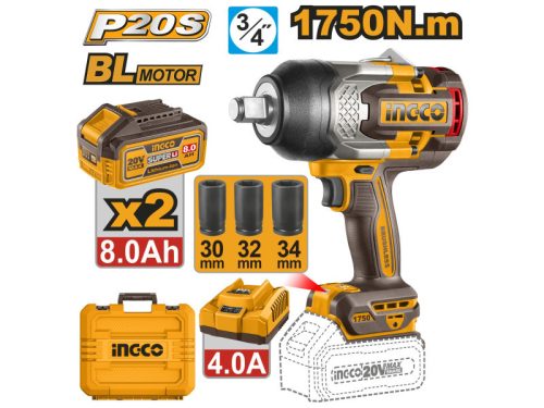 INGCO Akkus ütvecsavarozó 3/4" 1750 Nm szénkefe nélküli 20 V (2 x 8,0 Ah akku + töltő)