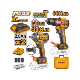   INGCO Akkus erőcsomag 20 V Ütvefúró-csavarozó 66 Nm+Ütvecsavarozó 1/2" 405 Nm (2 db akku + töltő)