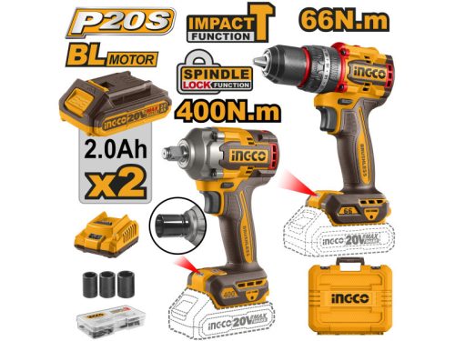 INGCO Akkus erőcsomag 20 V Ütvefúró-csavarozó 66 Nm+Ütvecsavarozó 1/2" 405 Nm (2 db akku + töltő)
