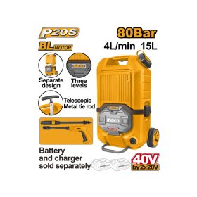   INGCO Akkus magasnyomású mosó 80 bar 15 l tartály szénkefe nélkül 2 x 20 V (akku és töltő nélkül)