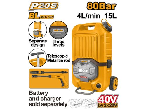 INGCO Akkus magasnyomású mosó 80 bar 15 l tartály szénkefe nélkül 2 x 20 V (akku és töltő nélkül)