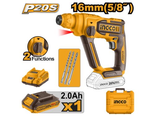 INGCO Akkus ütvefúró 1,5 J SDS-Plus szénkefe nélküli 20 V (1 x 2,0 Ah akku + töltő)