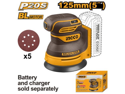 INGCO Akkus excentercsiszoló szénkefe nélküli 20 V (akku és töltő nélkül)