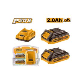   INGCO Akkumulátor és töltő szett 20 V (2 x 2,0 Ah akku + 2,0 A töltő)