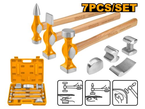 INGCO Karosszériás kalapács és egyengető készlet 7 részes Hickory nyéllel