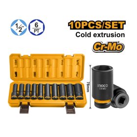   INGCO Gépi hosszú dugókulcs készlet 10 részes 1/2" 10-24 mm CrMo