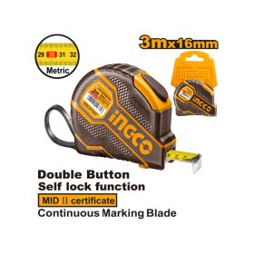 INGCO Mérőszalag 3 m x 16 mm gumírozott