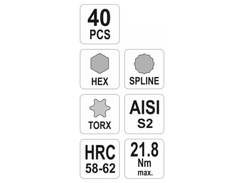 YATO Torx és imbusz bit készlet 40 részes (1/2"-3/8" H4-H12, M5-M12, T20-T55)