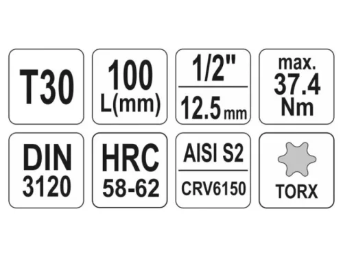 YATO Hosszú bit dugókulcs Torx 1/2" T30 CrV