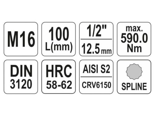 YATO Hosszú bit dugókulcs Spline 1/2" M16 CrV