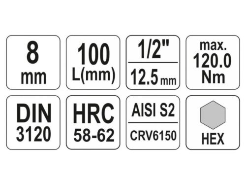 YATO Hosszú bit dugókulcs Imbusz 1/2" 8 mm CrV
