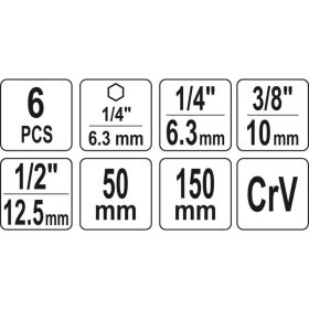   YATO Dugókulcs adapter készlet 6 részes 1/4" Hex -> 1/4", 3/8", 1/2" négyszög CrV