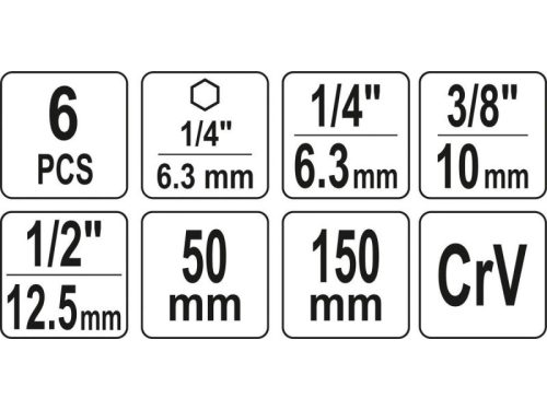 YATO Dugókulcs adapter készlet 6 részes 1/4" Hex -> 1/4", 3/8", 1/2" négyszög CrV