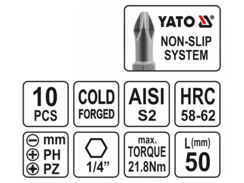 YATO Bithegy készlet 10 részes 50 mm (5-6 mm-PH1-PH2-PZ1-PZ2)
