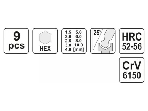 YATO Gömbfejű imbuszkulcs készlet 9 részes 1,5-10 mm CrV