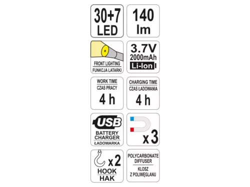 YATO Akkus LED lámpa 30+7 LED