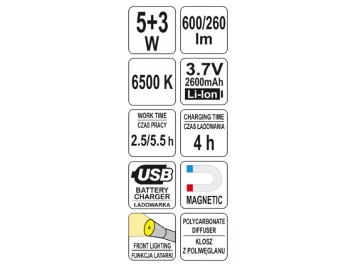 YATO Akkus szerelő LED lámpa 5 W+3 W