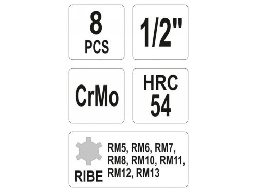 YATO Gépi hosszú bit dugókulcs készlet 8 részes Ribe 1/2" RM5-RM13 CrMo