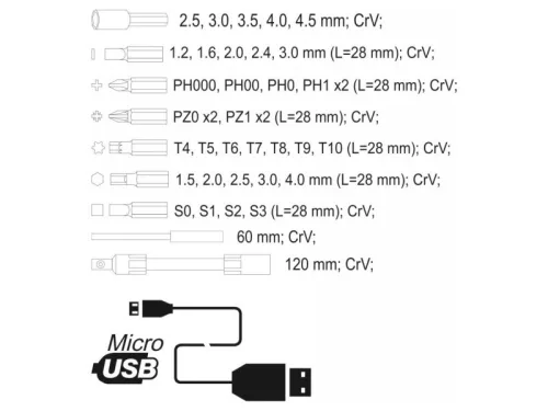 YATO Akkus precíziós csavarozó és bithegy készlet 39 részes 3,6 V Li-Ion (0,45 Ah akku + töltőkáb