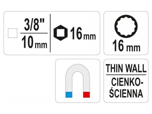 YATO Vékonyfalú gyertyakulcs 3/8" 16 mm