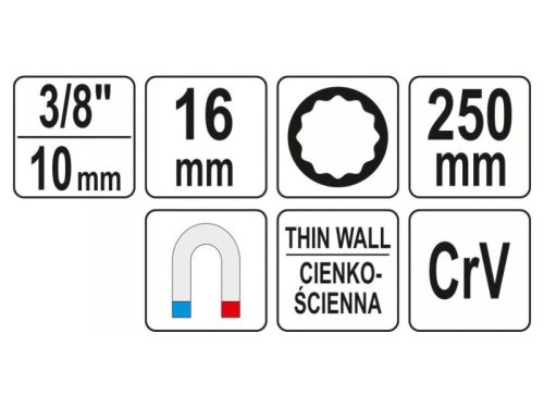 YATO Gyertyakulcs extra hosszú 3/8" 16 mm / 250 mm mágneses CrV