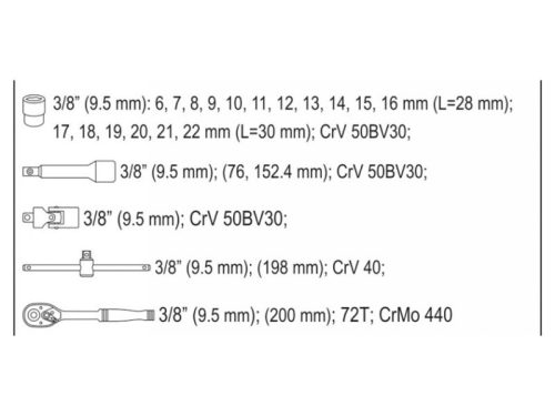 YATO Dugókulcs készlet 22 részes 3/8" 6-22 mm CrV