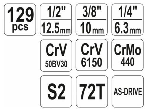 YATO Szerszámkészlet 129 részes 1/4", 3/8", 1/2" CrV CrMo