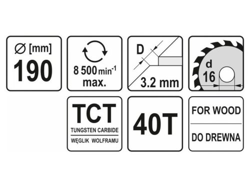YATO Fűrésztárcsa fához 190 x 16 x 2,2 mm / 40T