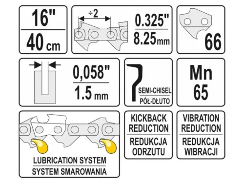 YATO Láncfűrész lánc 16" 0,325" 1,5 mm 66 szem