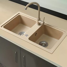   Tia szögletes két medencés gránit mosogató szifonnal bézs